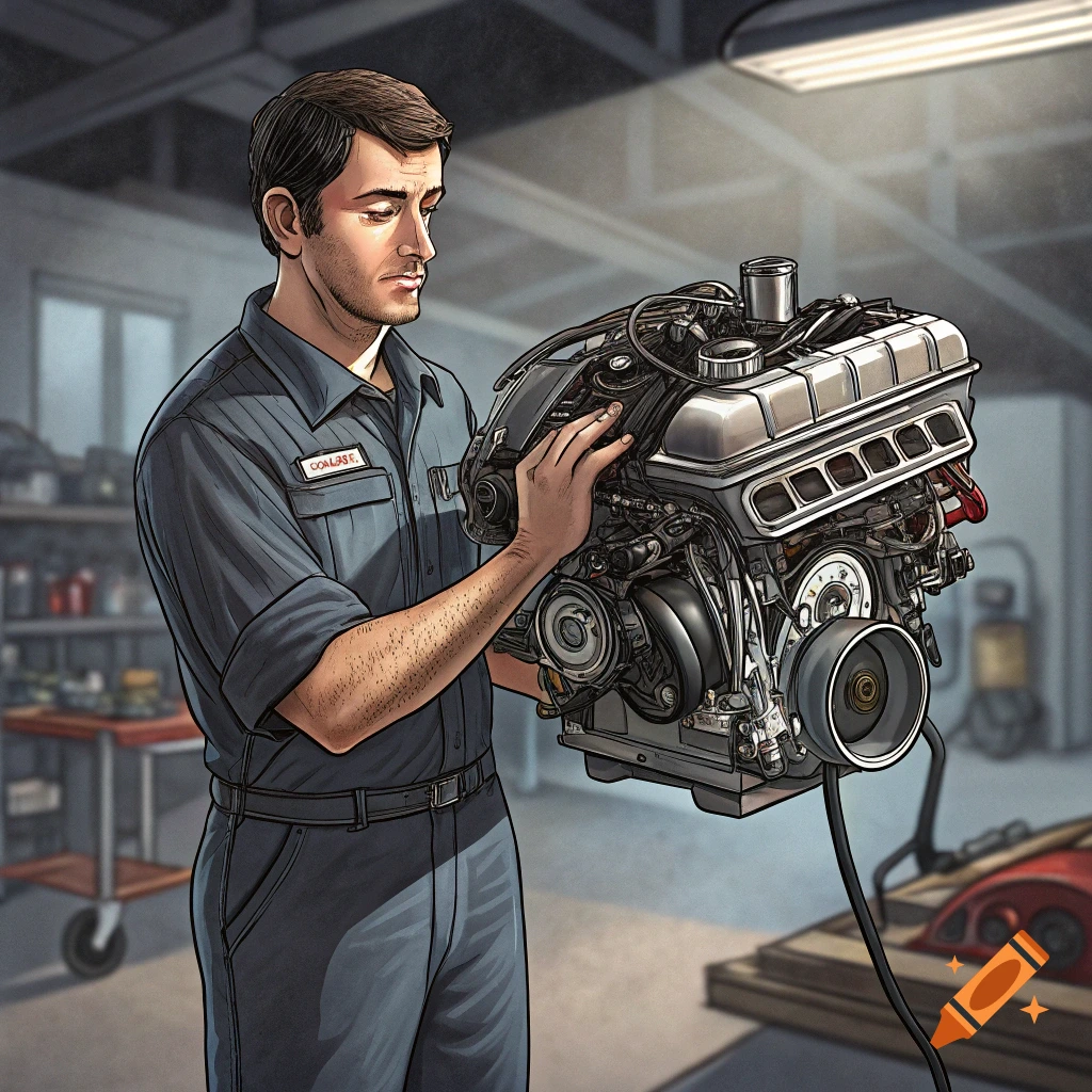 Illustrated portrait of a mechanic holding a car engine in a garage.