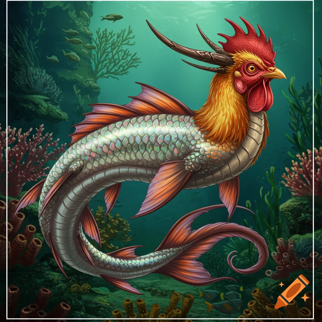 A fantasy creature blending chicken, fish, and dragon features, swimming in a vibrant coral reef.