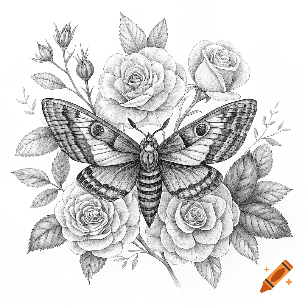 Pencil drawing of a moth with roses