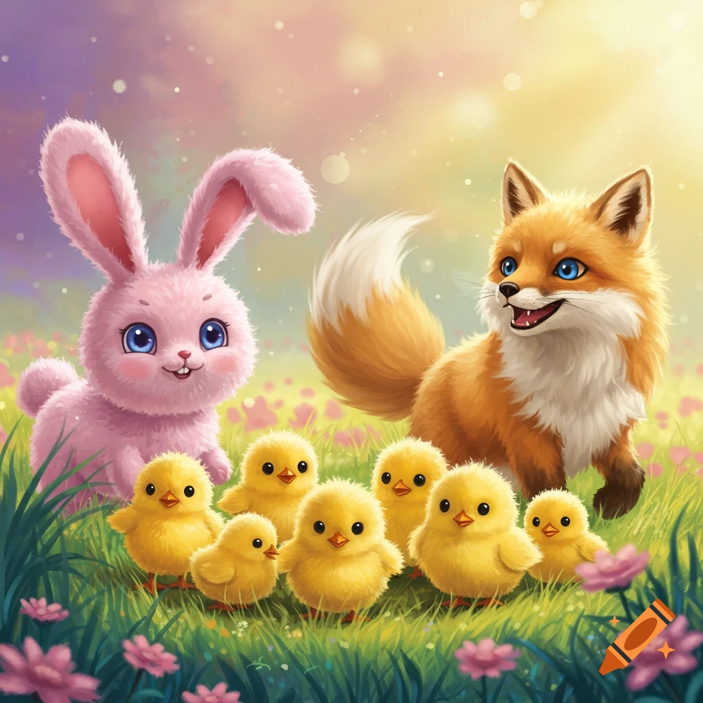 Fluffy pink bunny, orange fox, and yellow chicks in a field of flowers.