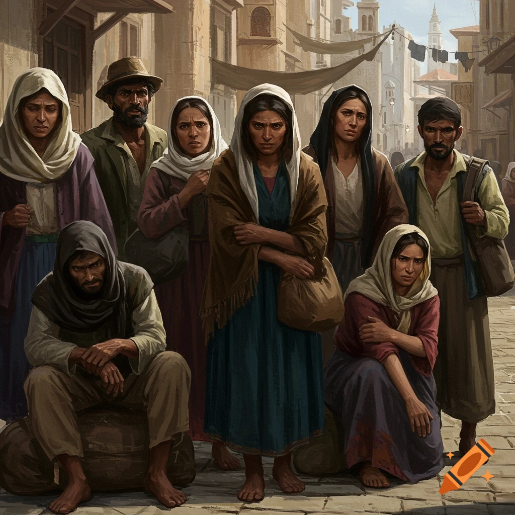 A group of weary people are standing and sitting in a city street.