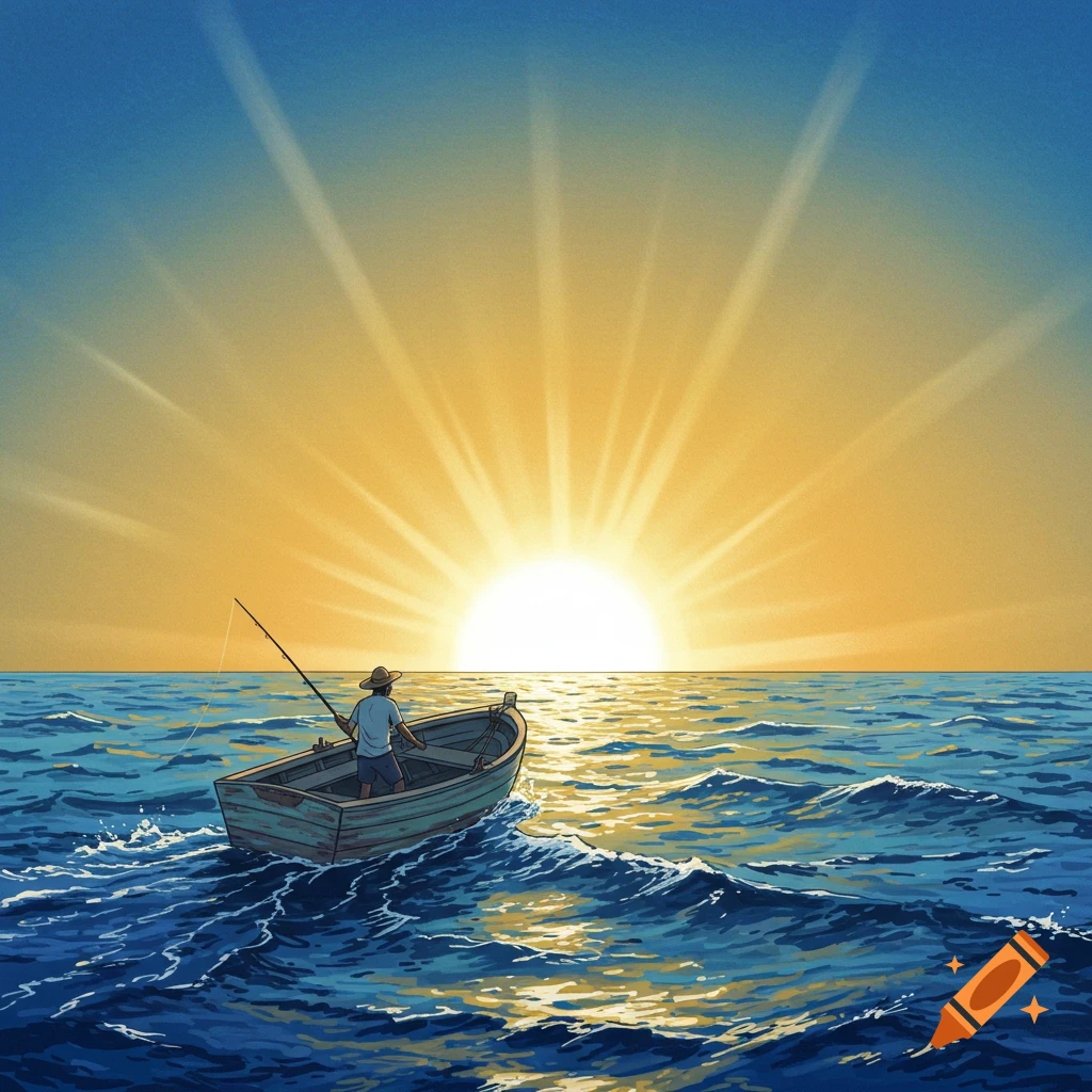A man fishes from a small boat in the ocean at sunset, digital art.