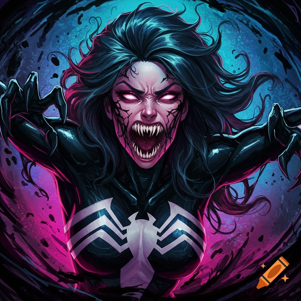 She-Venom snarling with sharp teeth and claws.