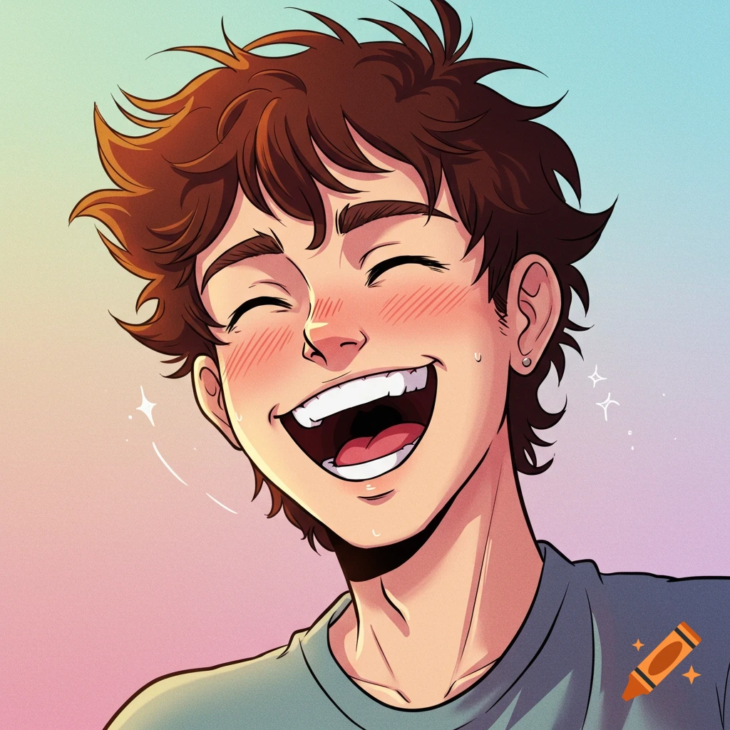 An anime-style young man with brown hair laughs joyfully, with rosy cheeks and sparkling eyes.