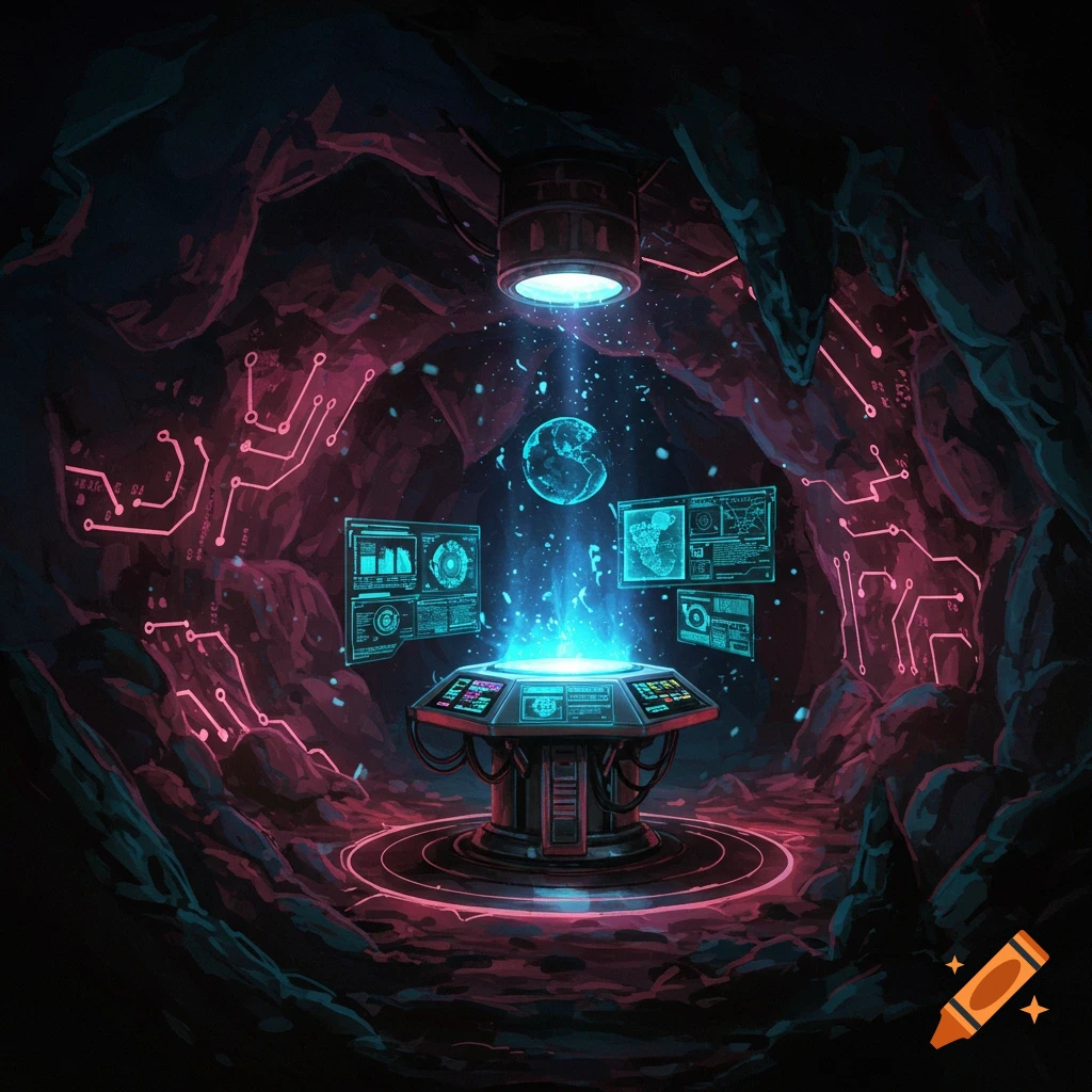 A cave filled with glowing sci-fi tech, screens, circuit boards, and a holographic globe.