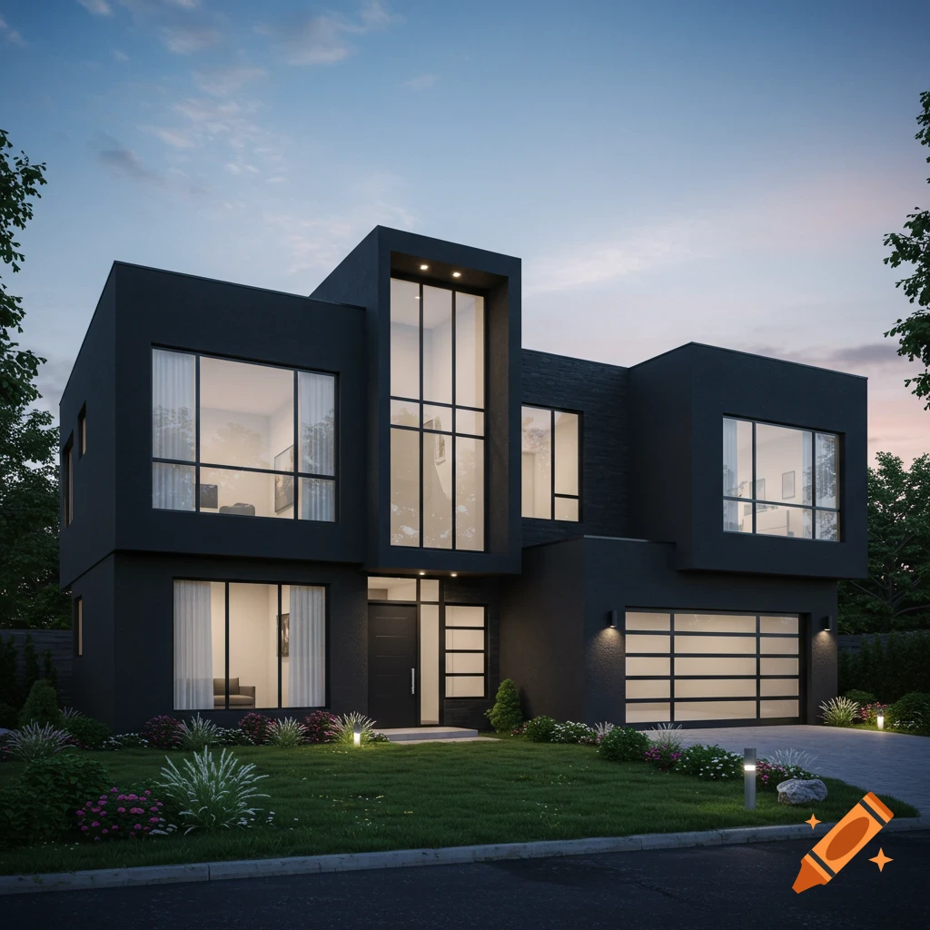 A dark modern house with large windows and a garage is seen at dusk with landscaping and outdoor lighting.