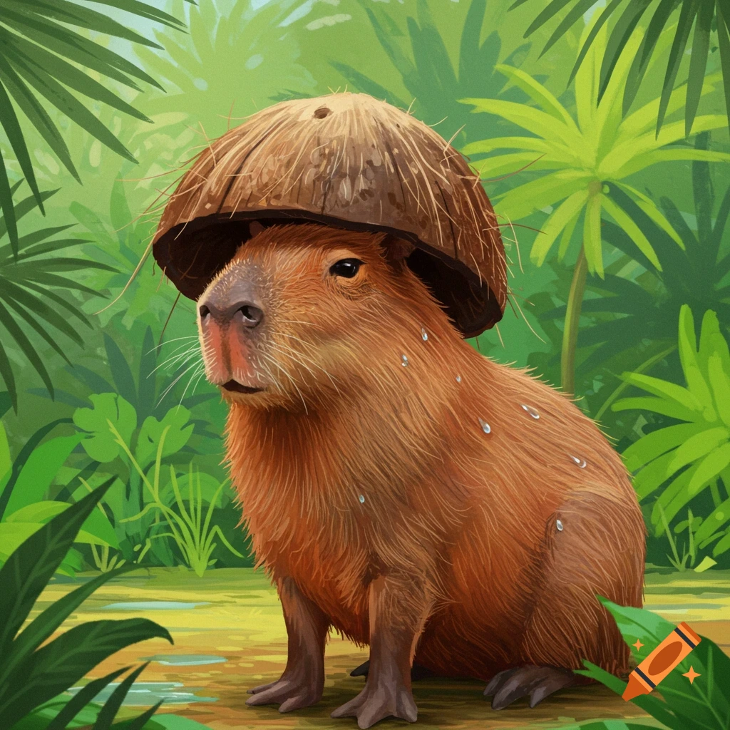 A capybara wearing a coconut shell hat in a jungle.