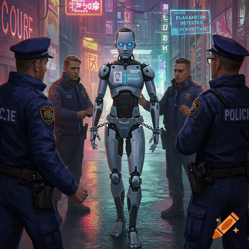 A robot is being arrested by police on a neon-lit cyberpunk city street.