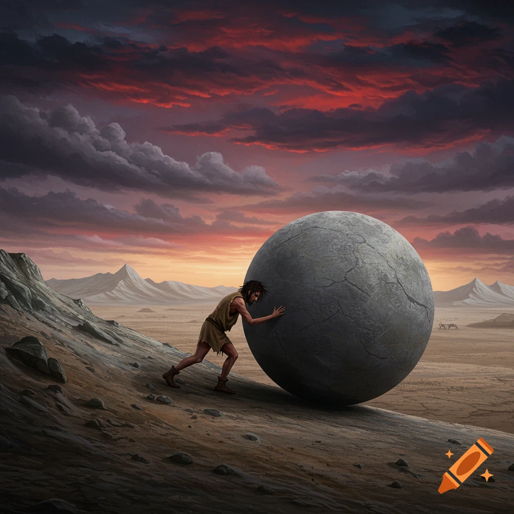A figure is pushing a large stone up a barren hill under a dramatic red sky.