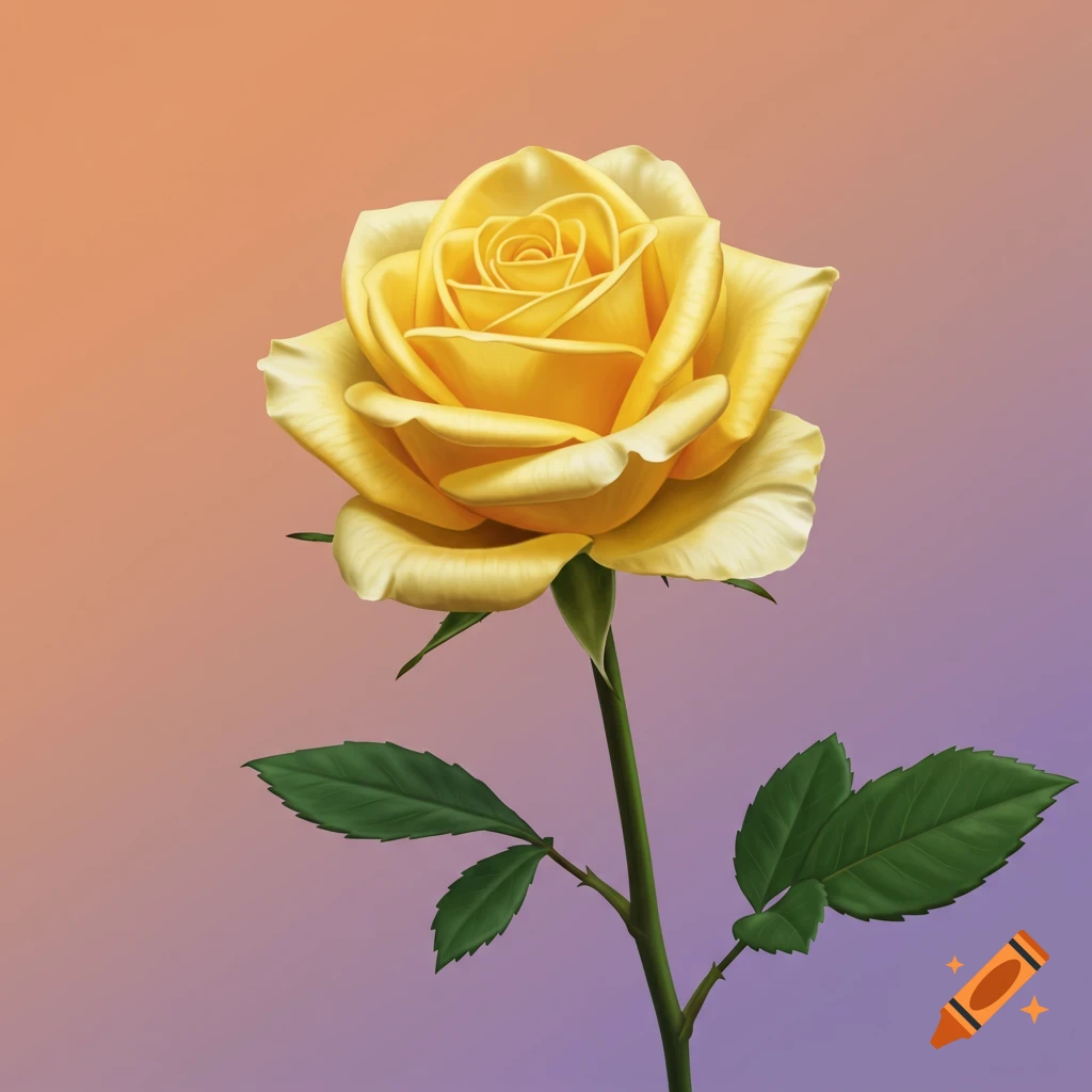 A single yellow rose with a long stem against a gradient background.