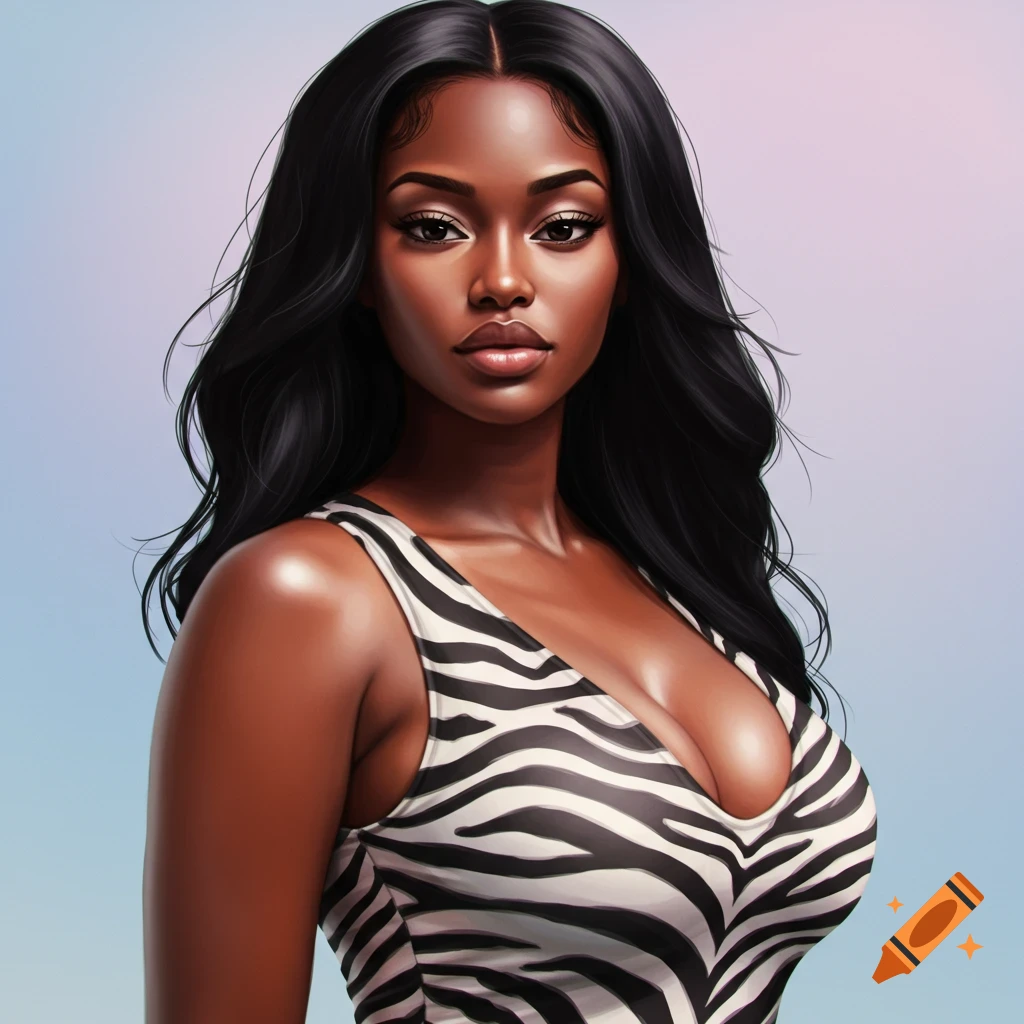 Image of a woman with long black hair wearing a zebra print top.