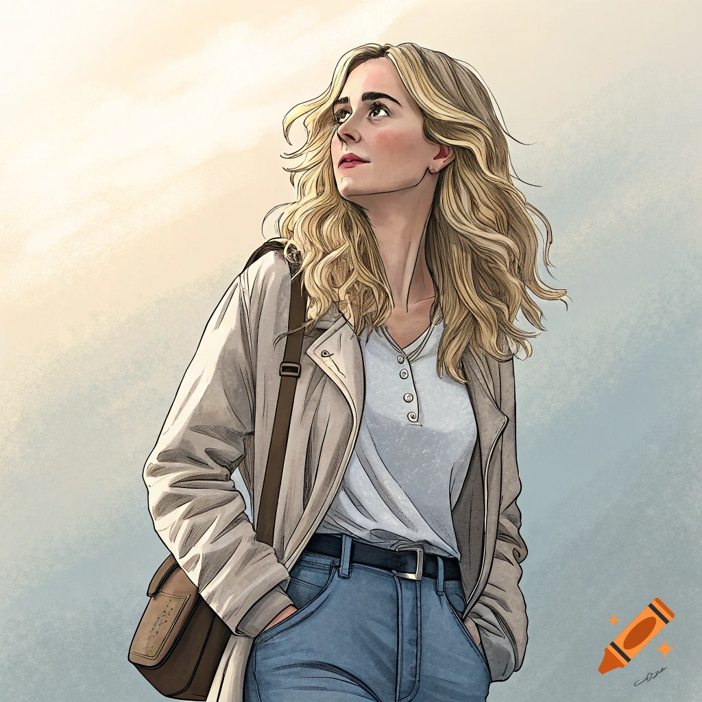 Illustration of a woman looking up, wearing a coat and carrying a bag.