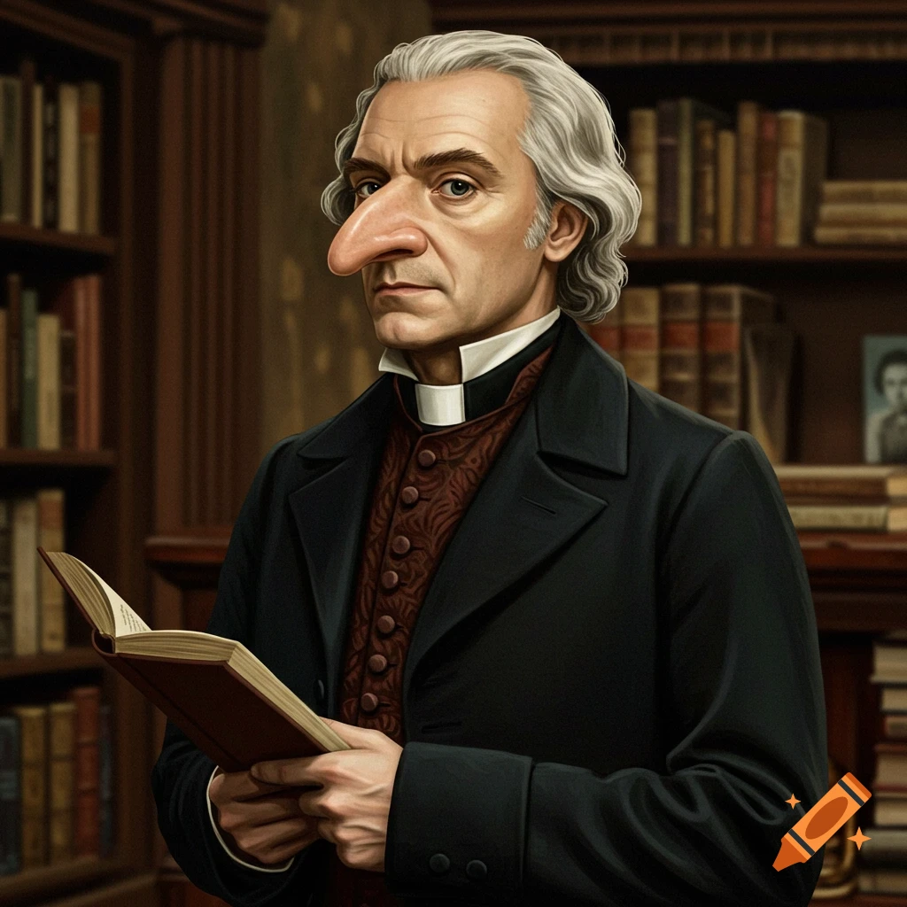 A man with a large nose is holding a book in a library.