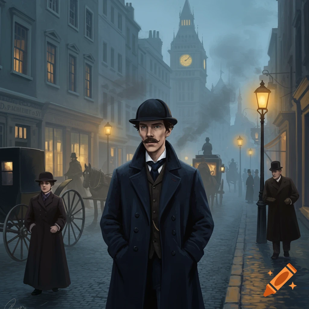 A man in Victorian attire walks on a foggy London street with Big Ben in the background.