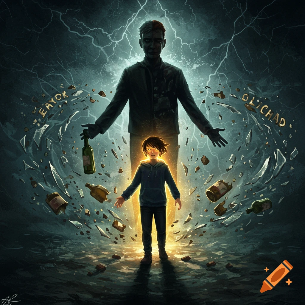 A glowing child stands amidst swirling broken glass and bottles with a dark figure behind them and lightning.