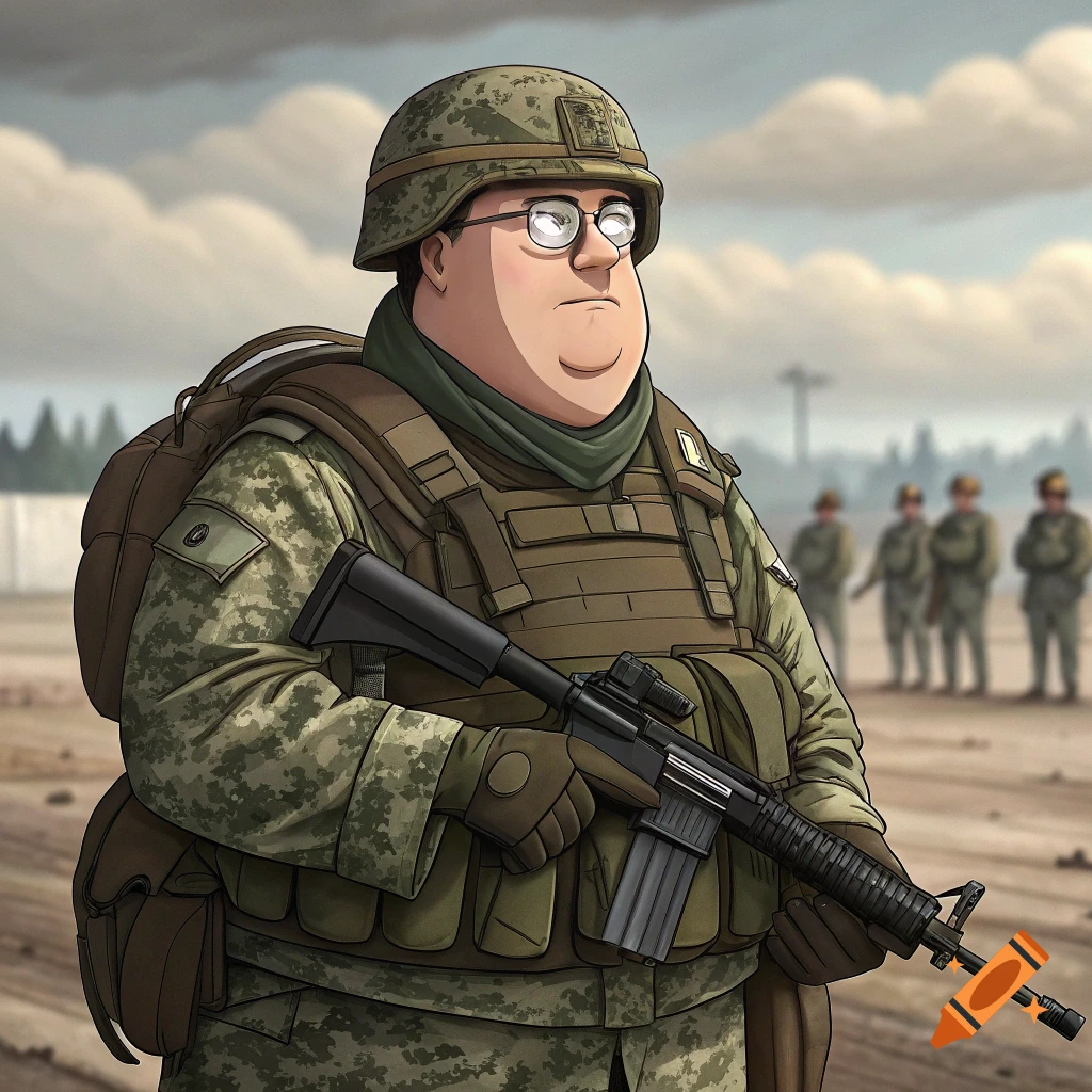 Cartoon soldier resembling Peter Griffin standing with a rifle in a military setting.