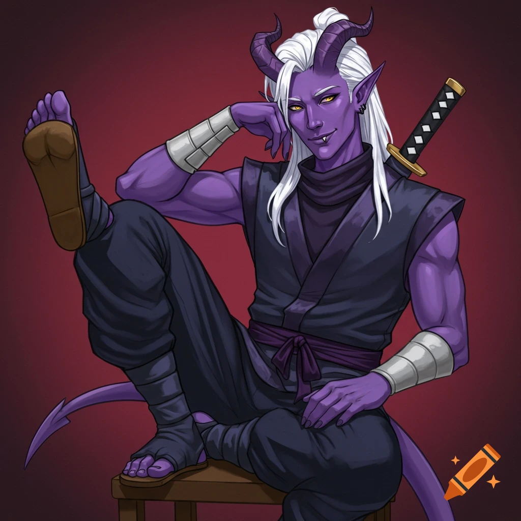 A purple-skinned male tiefling in ninja gear sitting on a chair, looking sensually at the viewer.