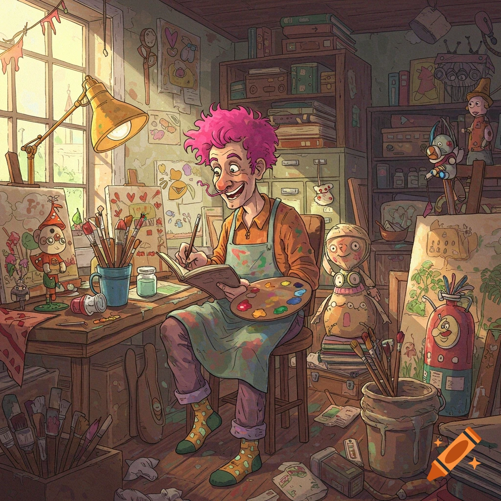 A quirky artist works on a painting in his cluttered studio, surrounded by canvases and art supplies.