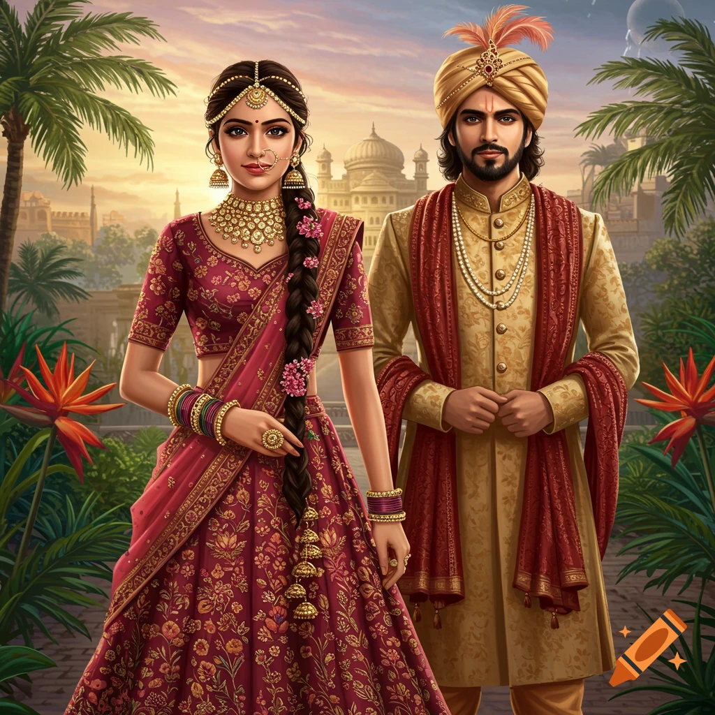 Image of an Indian couple in traditional attire in a garden with a palace