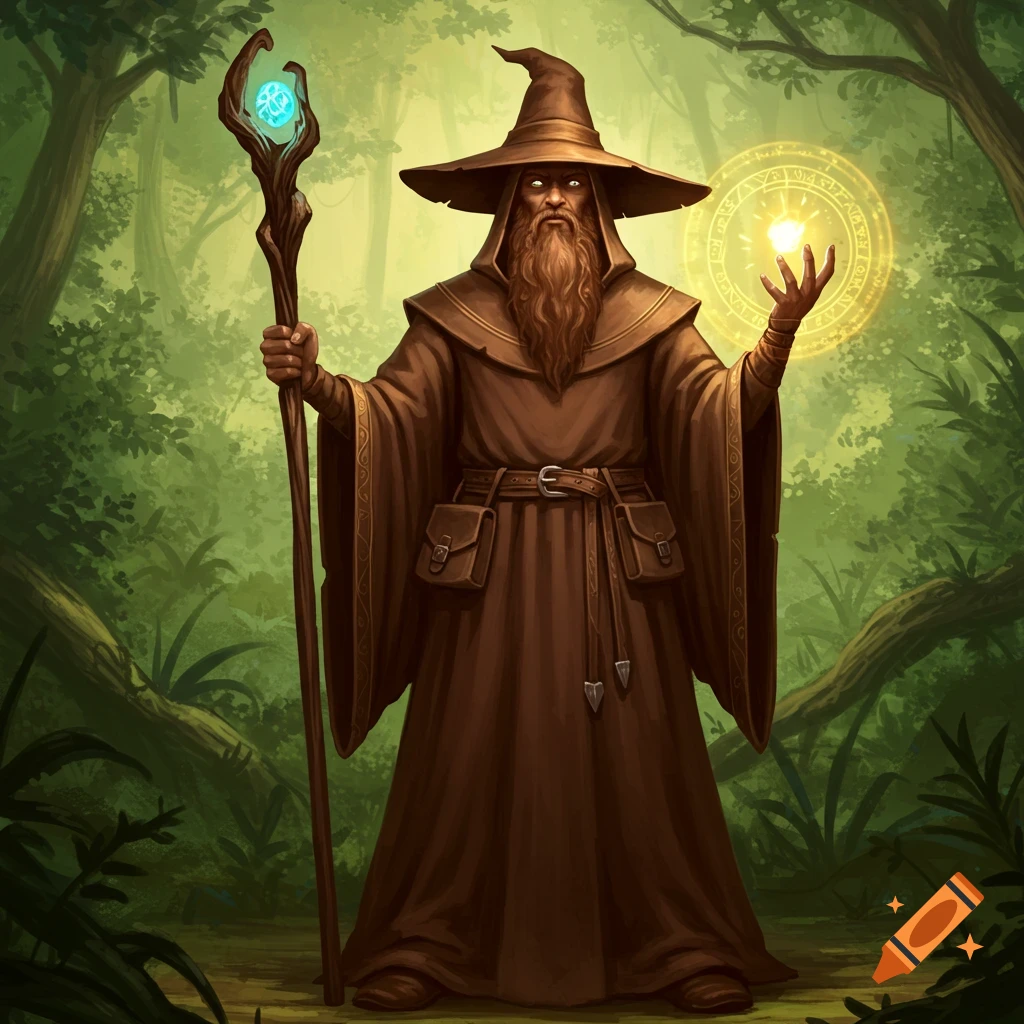 A wizard holding a glowing orb and staff in a forest.