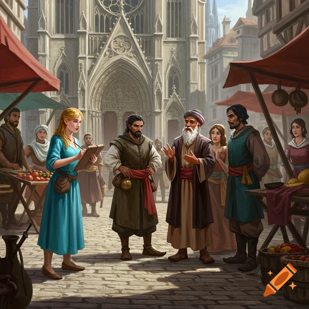 People in a medieval market square.