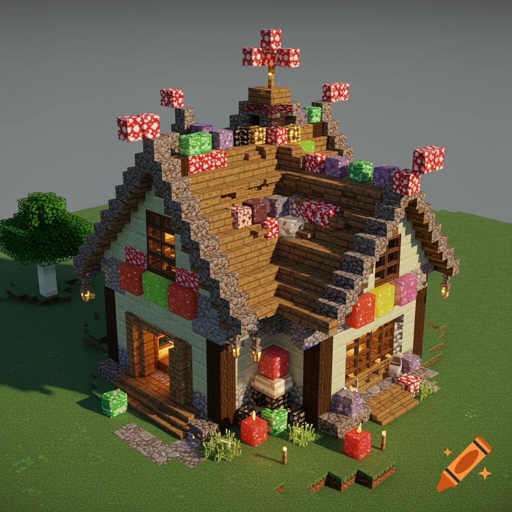 A fantasy house made of candy-like blocks in a Minecraft style, set in a grassy field.