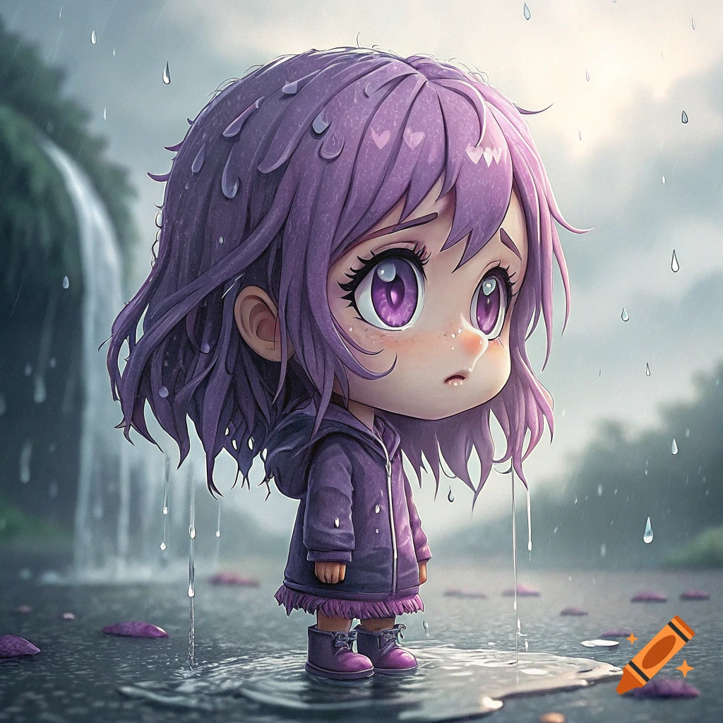 A cute chibi anime girl with purple hair stands in the rain.