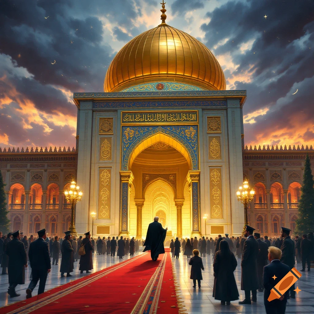 A person in a black cape walks on a red carpet towards a grand building with a golden dome, surrounded by a crowd under a dramatic sky.