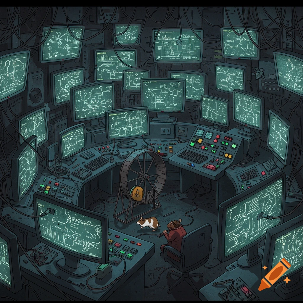 Illustration of a hamster in a control room with many screens showing diagrams and symbols.