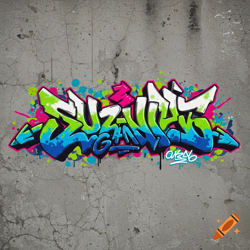 Colorful Suzuki Gang graffiti tag on a concrete wall.