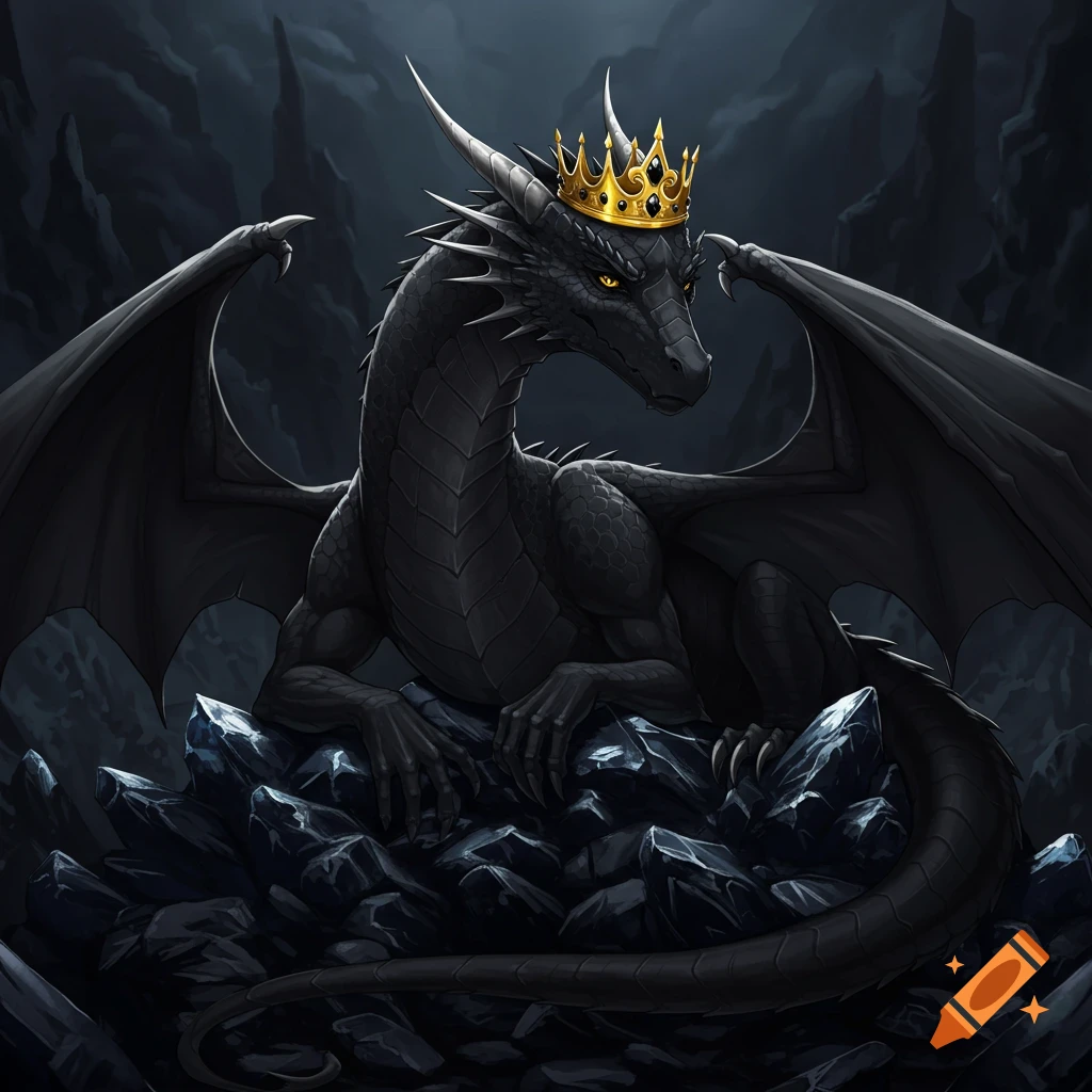 Black dragon with a golden crown sitting on rocks in a dark cave