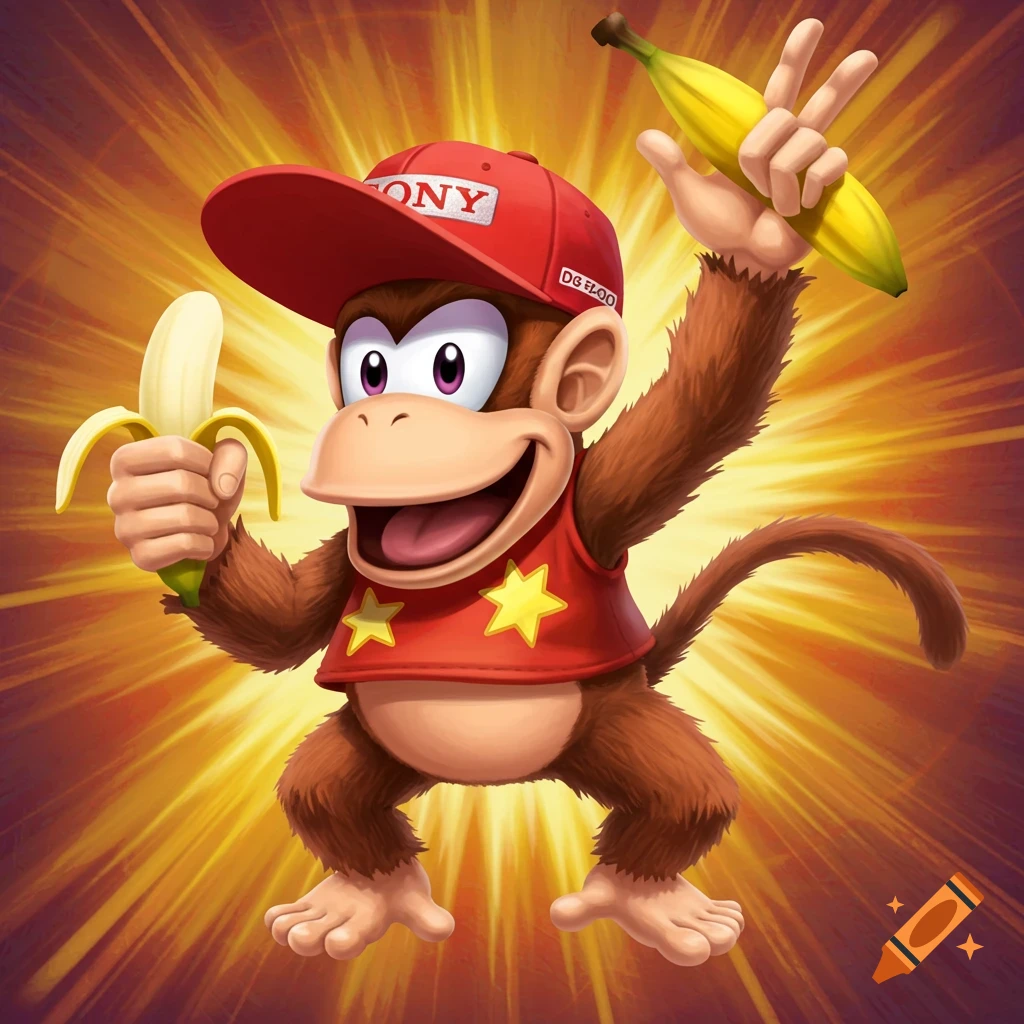 Cartoon monkey character Diddy Kong holding two bananas and giving a peace sign.