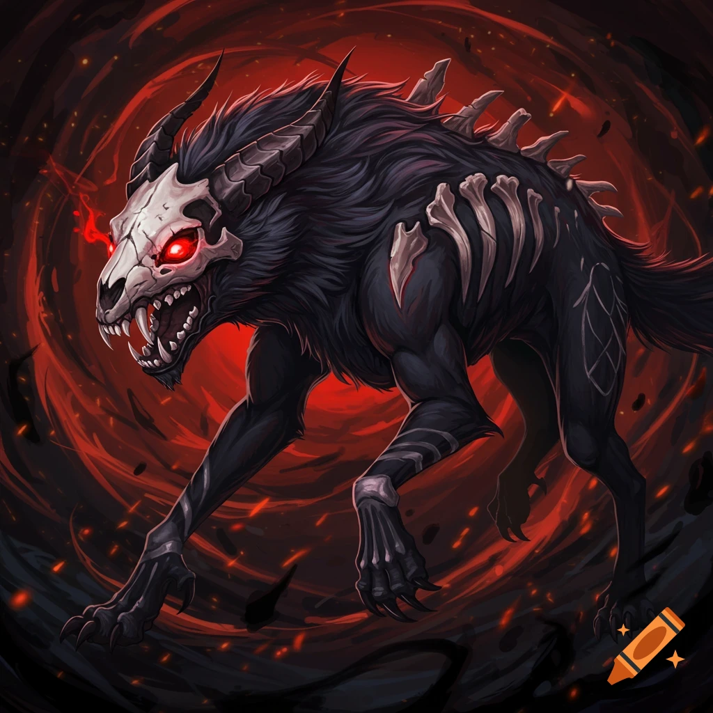 A demonic creature with a skull face and bone spikes is set against a red, smoky background.