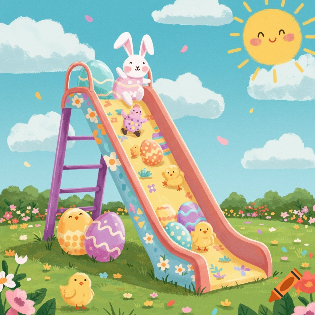 An Easter bunny and chicks are sliding and playing with eggs on a colorful slide in a flowery field under a sunny sky.