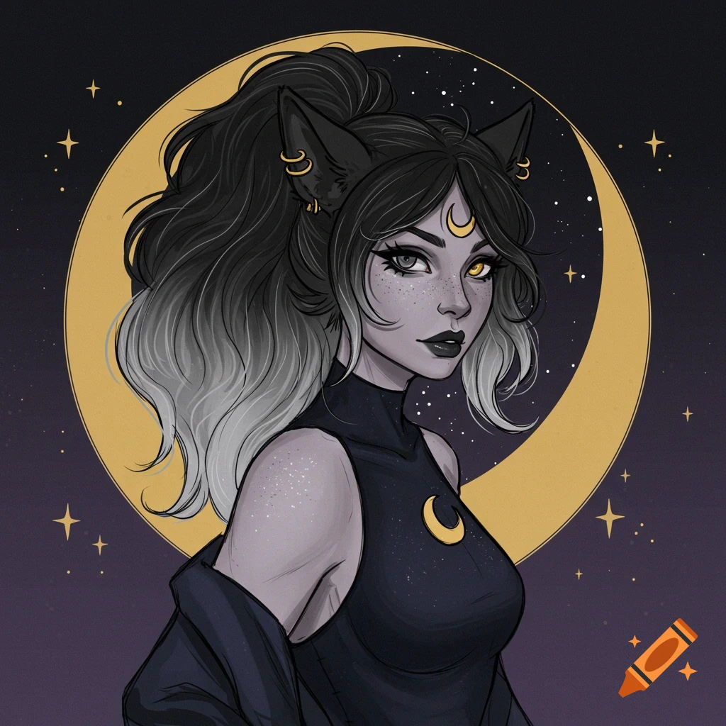 Stylized portrait of a person with cat ears and ombre hair against a starry moonlit sky.