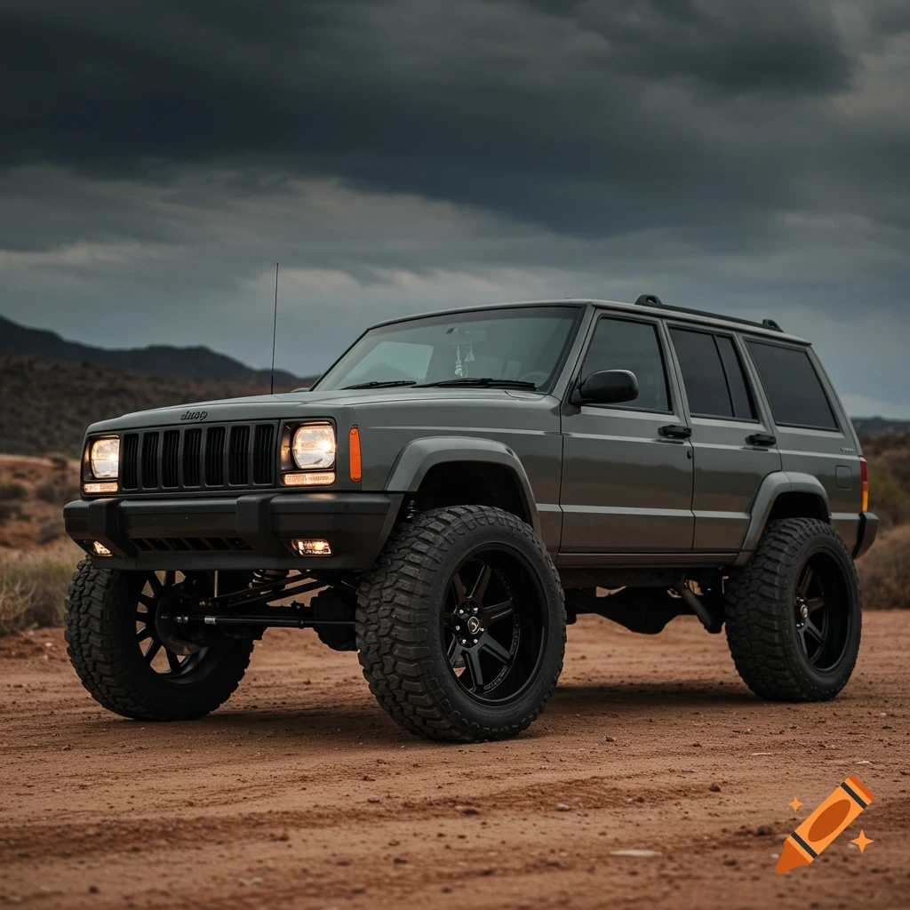 A lifted gray Jeep Cherokee on wide black rims sits on a dirt road under a dark, stormy sky.