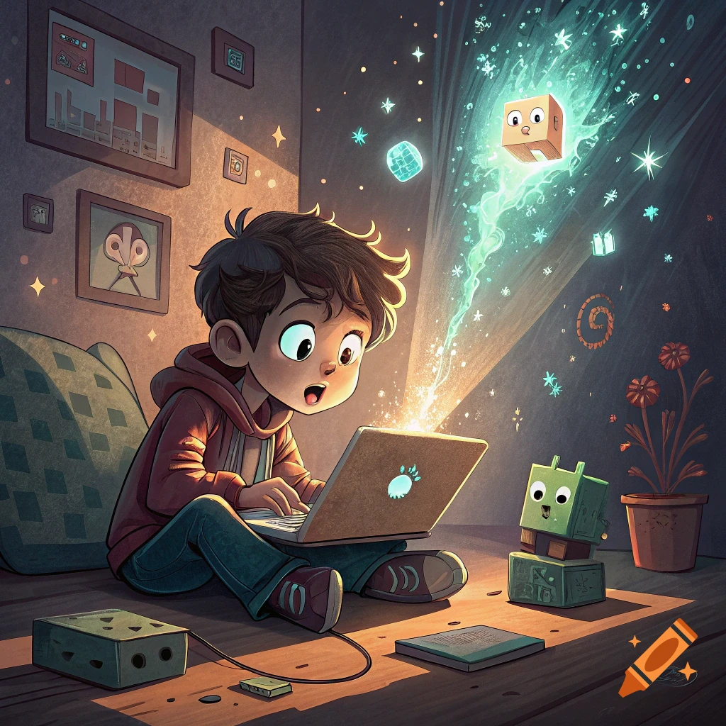 Cartoon boy watching laptop with glowing magic and floating digital objects, children's book illustration style.