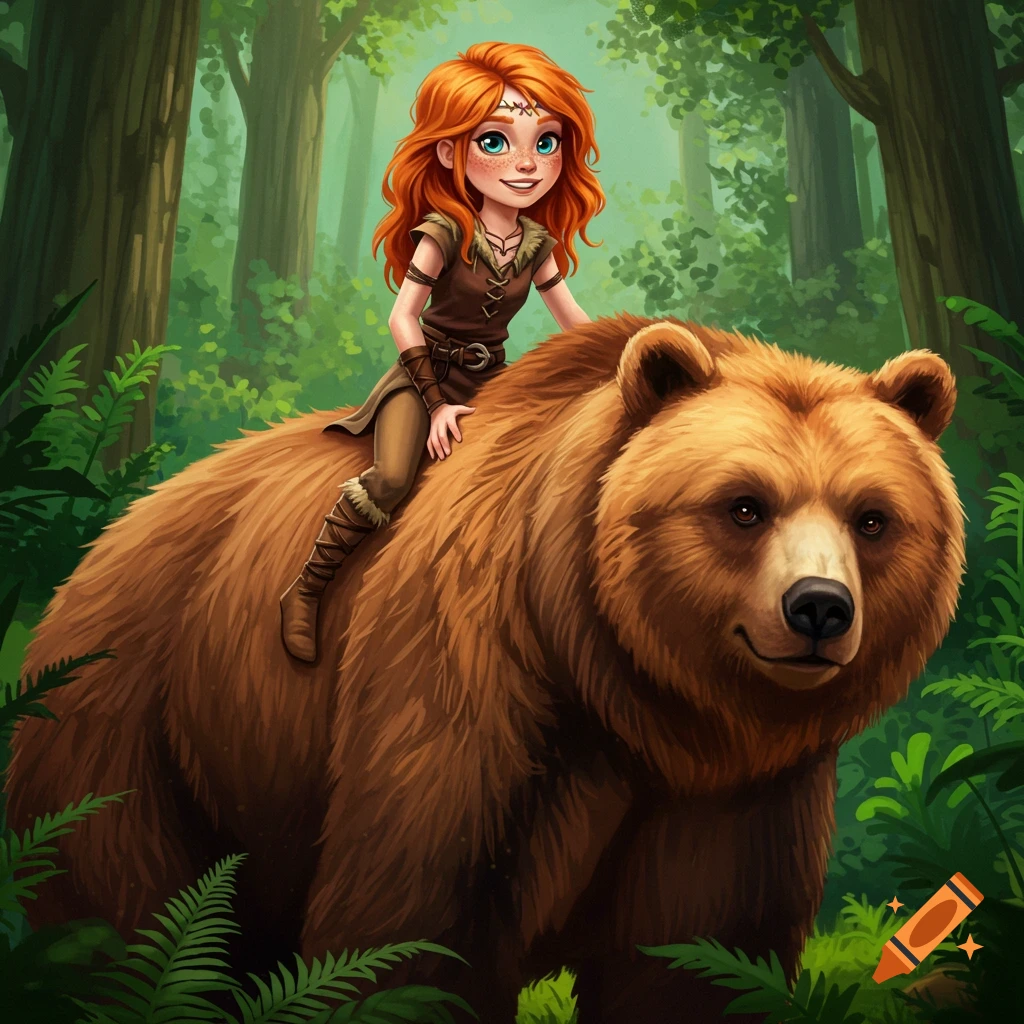 A red-haired girl rides a large brown bear through a forest in a fairytale setting.