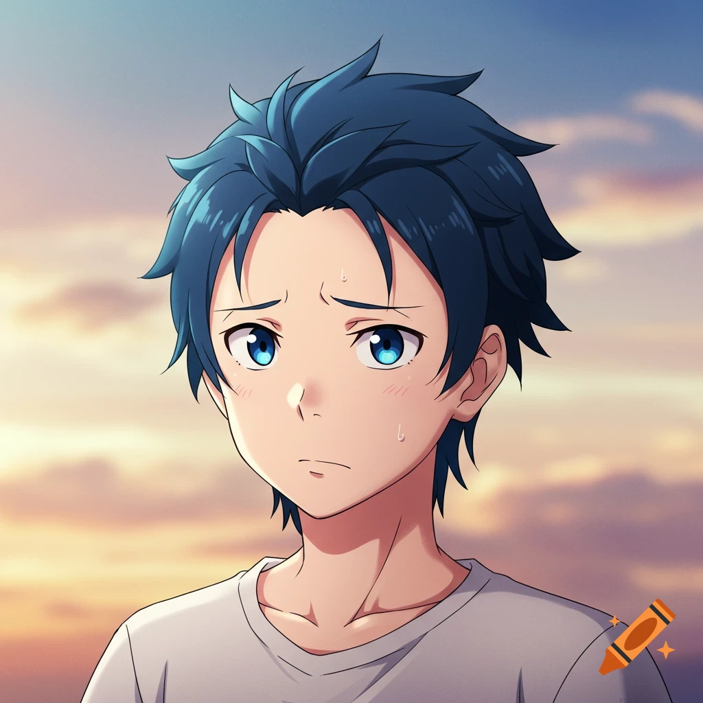 Anime portrait of a young man with blue hair, sweating and looking distressed against a sunset sky.