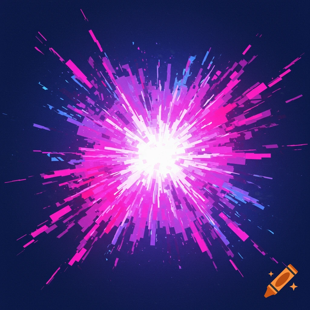 An abstract explosion of pink and blue rectangular shapes radiating from a white center on a dark blue background.