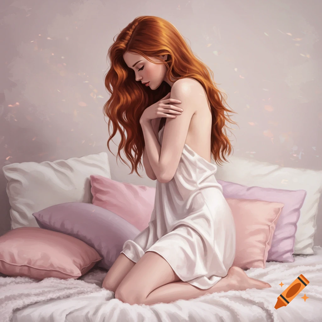 A woman with red hair wrapped in a white sheet, kneeling on a bed with pillows.