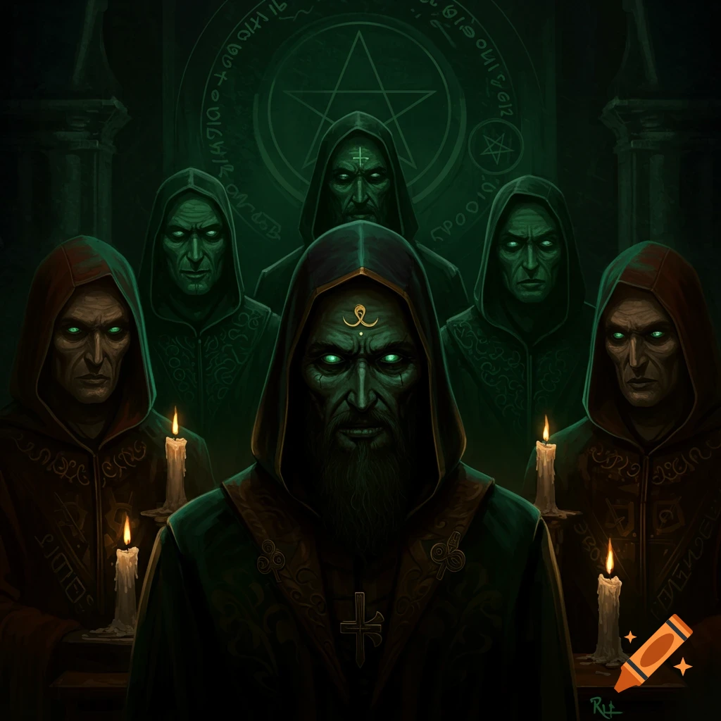 Creepy hooded figures with glowing green eyes in an occult setting