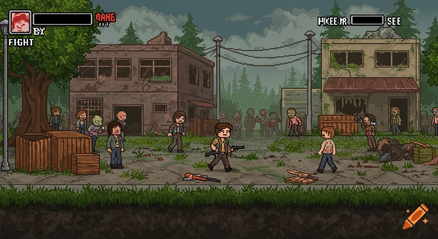 Pixel art depicting a post-apocalyptic street scene with survivors and zombies, with game UI elements at the top.