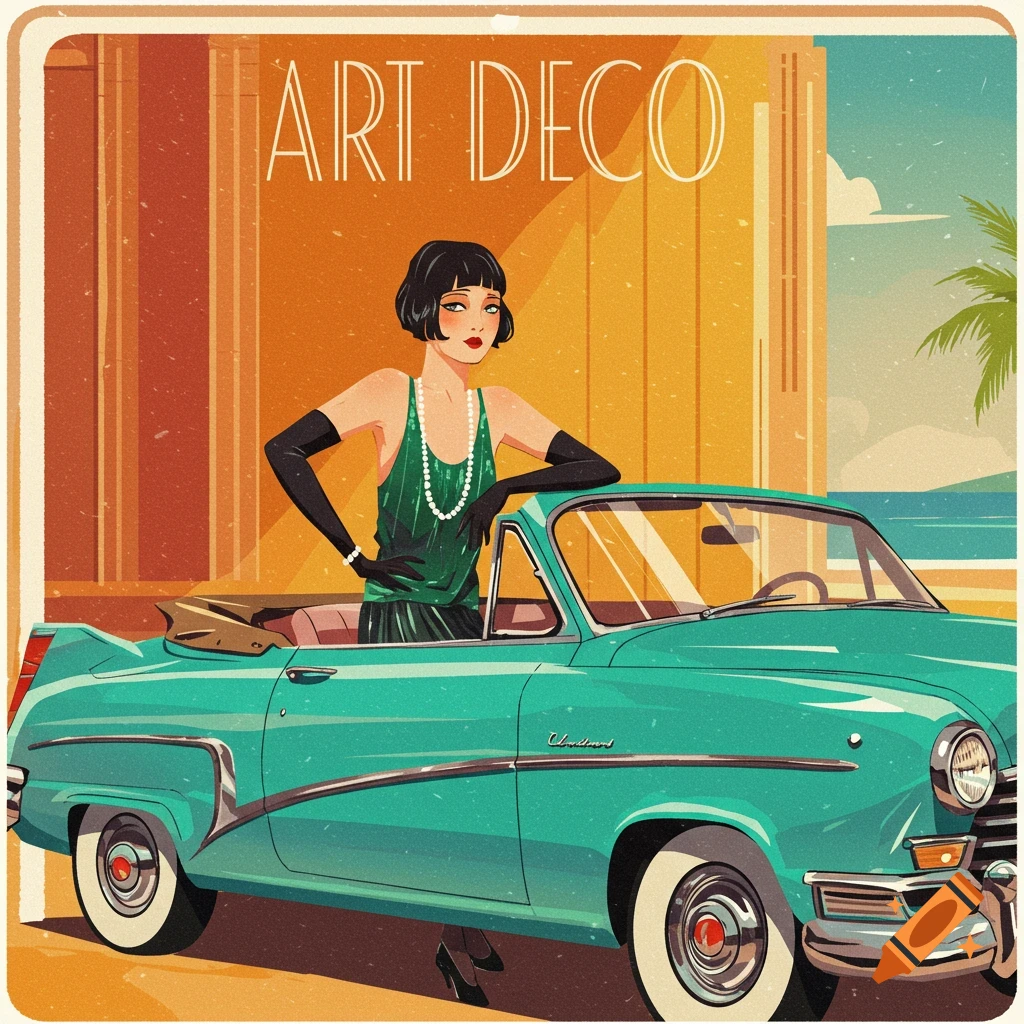Art Deco illustration of a woman in a green dress leaning on a vintage turquoise convertible with text 'ART DECO'.
