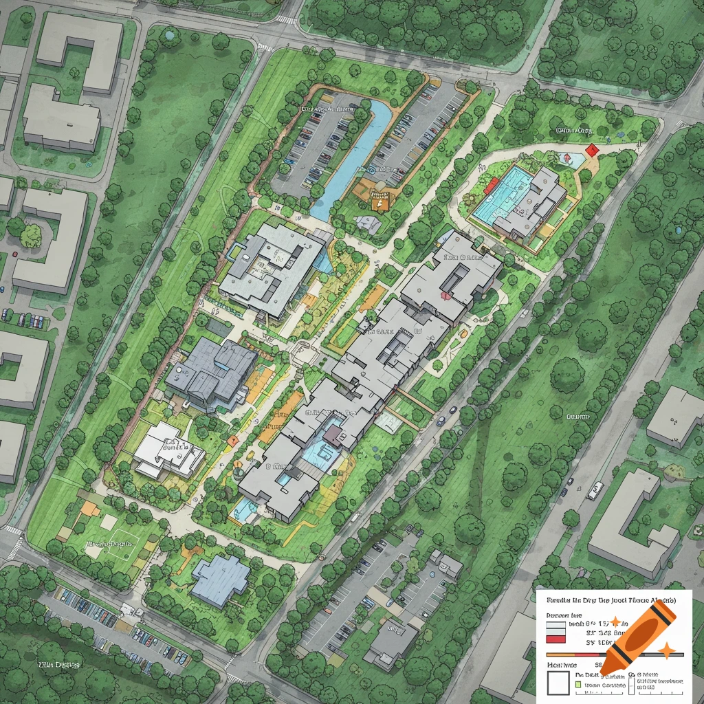 Aerial view of an architectural site plan showing multiple buildings, parking lots, landscaping, and roads in a rendered style.