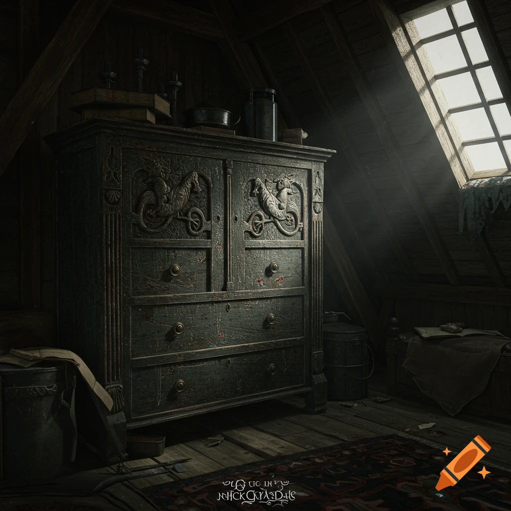 A dark wooden dresser with draconic carvings in a cluttered, sunlit attic.