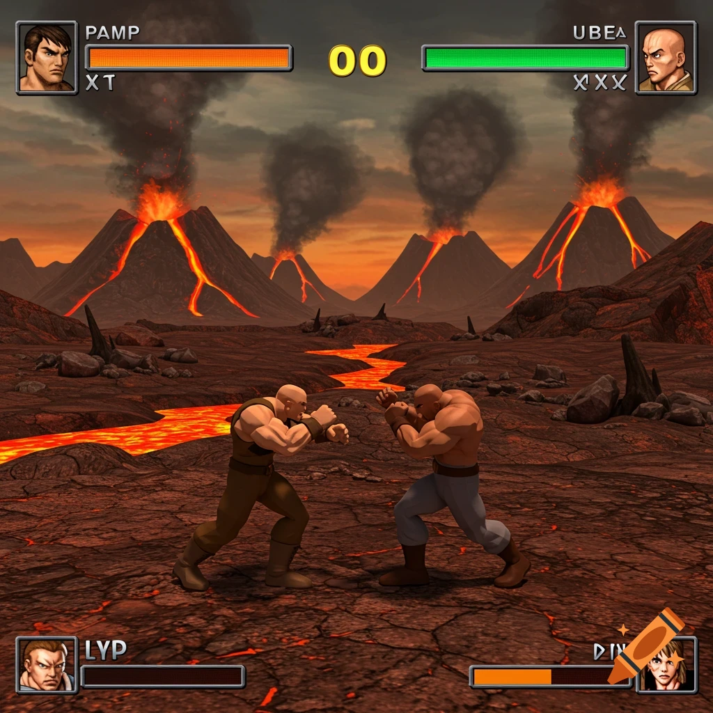 Two fighters in a 3D fighting game with health bars and score, set in a volcanic wasteland with erupting volcanoes.