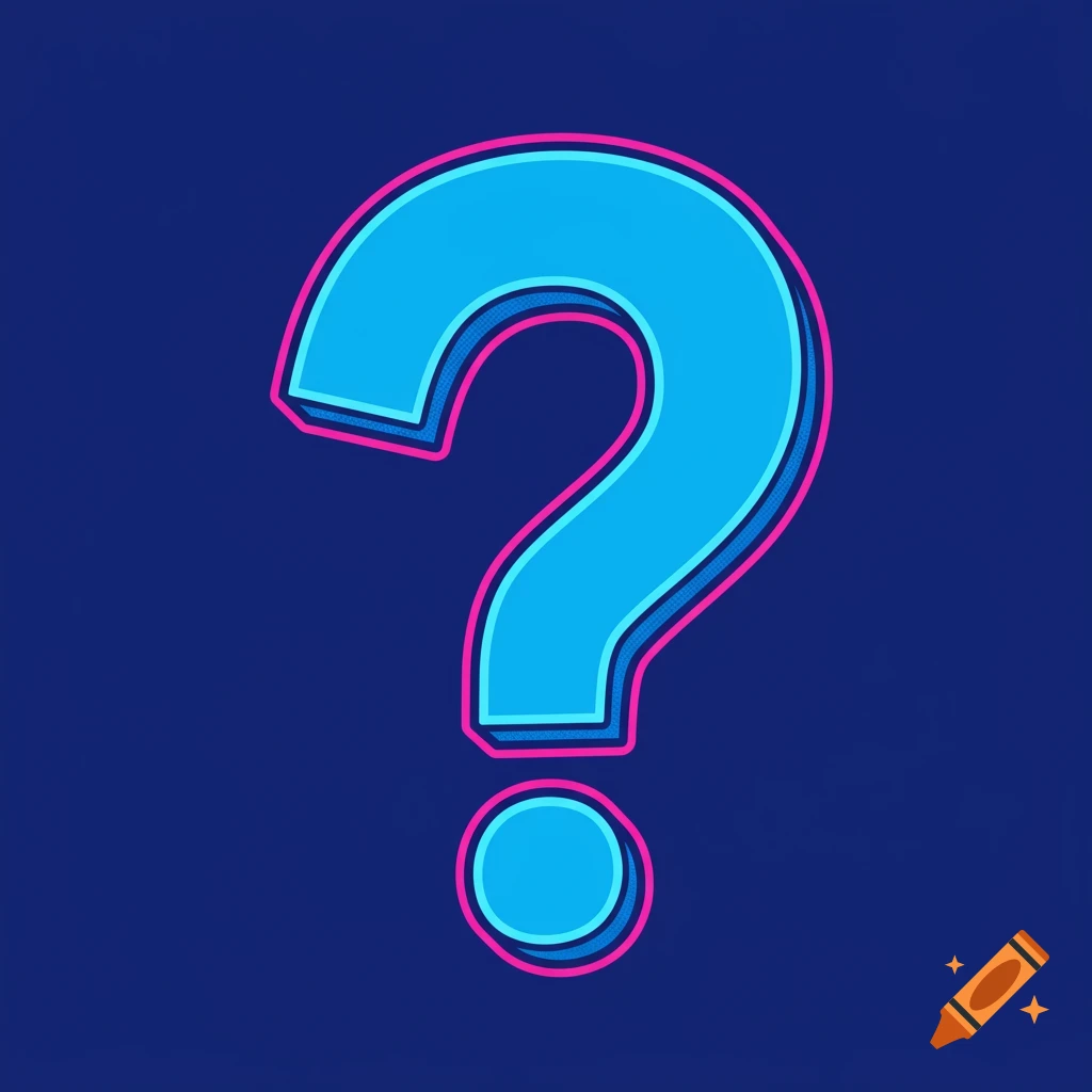 Large blue question mark with pink and light blue outline on dark blue background.
