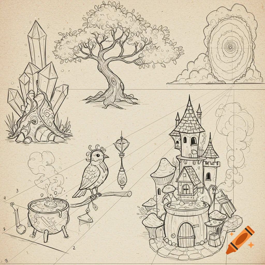Line art sketch of fantasy elements including crystals, a tree, a bird, a cauldron, and a castle, possibly illustrating perspective.
