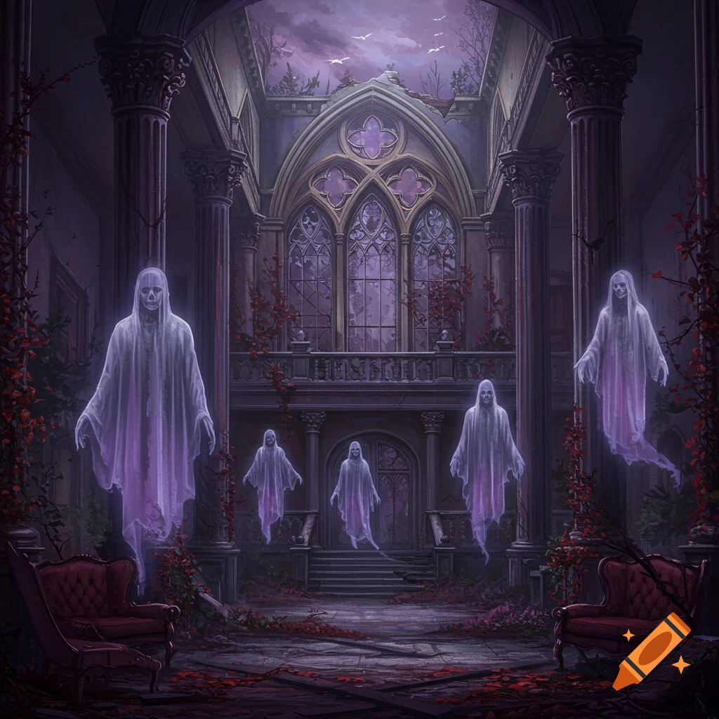 Ghosts float in a decaying gothic mansion interior.